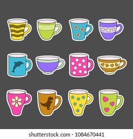Colourful stickers set of cups. Vector illustration of mugs.