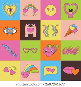 Colourful stickers. The words ‘love’, ‘miracle’. Cheerful drawings with hearts, smiley faces, ice cream. Bright and playful stickers Vector set.