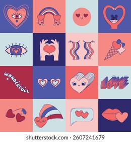 Colourful stickers. The words ‘love’, ‘miracle’. Cheerful drawings with hearts, smiley faces, ice cream. Bright and playful stickers Vector set.