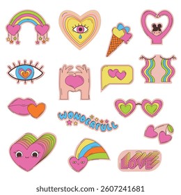 Colourful stickers. The words ‘love’, ‘miracle’. Cheerful drawings with hearts, smiley faces, ice cream. Bright and playful stickers Vector set.
