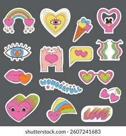 Colourful stickers. The words ‘love’, ‘miracle’. Cheerful drawings with hearts, smiley faces, ice cream. Bright and playful stickers Vector set.