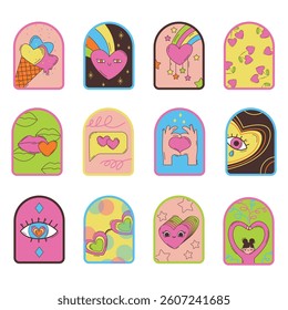 Colourful stickers. The words ‘love’, ‘miracle’. Cheerful drawings with hearts, smiley faces, ice cream. Bright and playful stickers Vector set.