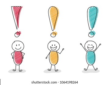 Colourful stickmen with exclamation points - set. Vector.