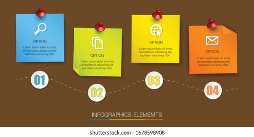 Infografía de notas pegajosas coloridas, ilustración vectorial con 4 opciones y lugar para texto en fondo marrón