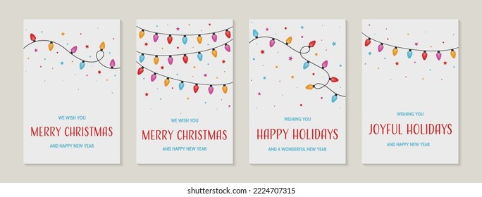 Colourful string of lights. Collection of Christmas cards with wishes. Vector illustration