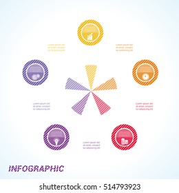 Colourful striped circles, template for infographics five positions