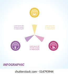Colourful striped circles, template for infographics three positions