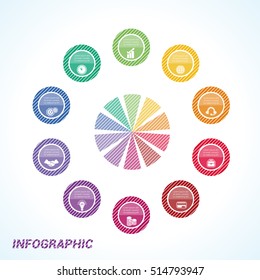 Colourful striped circles, template for infographics ten positions