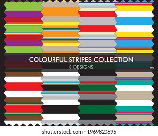 Colourful striped seamless pattern collection includes 8 design swatches for fashion textiles, graphics
