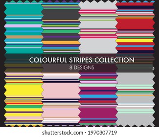 Colourful striped seamless pattern collection includes 8 design swatches for fashion textiles, graphics