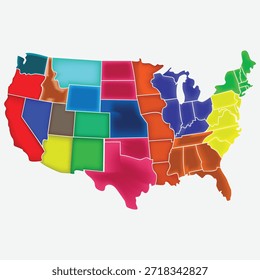 Colourful stylised map illustration showcasing the distinct shapes and groupings of all fifty united states territories with boundaries clearly marked.