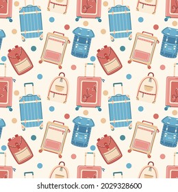 Colourful suitcases seamless pattern vector illustration. Backpack texture design. Travel accessories background. Touristic baggage wrapping.