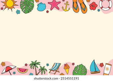 Colourful Summer background with beach symbols. Vector illustration