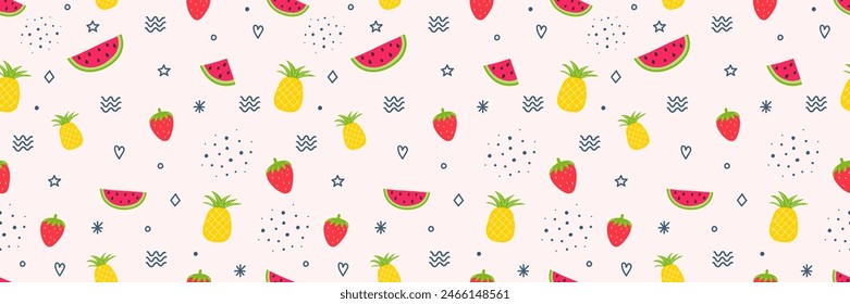 Colourful summer background with hand drawn fruits. Creative seamless pattern. Vector illustration