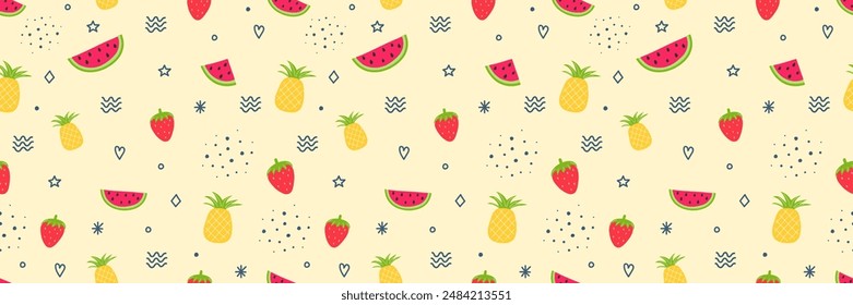 Colourful summer background with hand drawn fruits. Creative seamless pattern. Vector illustration
