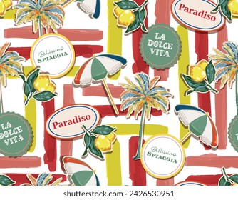Colourful  summer beach vacationin Capori Italy  tropical mood summer signage , palm tree, signage, Umbrella ,Vacation  seamless pattern on Striped ,Design for all prints 