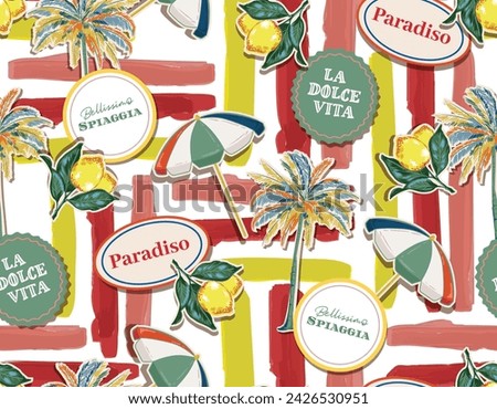 Colourful  summer beach vacationin Capori Italy  tropical mood summer signage , palm tree, signage, Umbrella ,Vacation  seamless pattern on Striped ,Design for all prints 