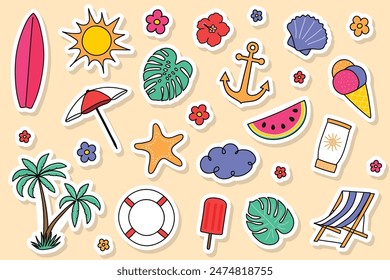 Colorido conjunto de iconos de verano. Pegatinas dibujadas a mano. Ilustración vectorial
