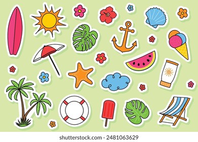 Colourful summer icon set. Hand drawn stickers. Vector illustration
