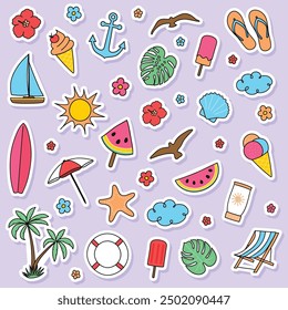 Colourful summer icon set. Hand drawn stickers. Vector illustration
