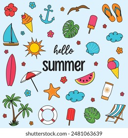 Colourful summer icon set. Hello Summer. Vector illustration