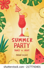 Colourful Summer Party background layout banners design. Leaves, pineapple, watermelon, hibiscus flower and cocktail on yellow background. Vertical poster, flyer, invitation
