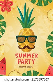 Colourful Summer Party background layout banners design. Leaves, watermelon, hibiscus flower and pineapple DJ in sunglasses on yellow background. Vertical poster, flyer, invitation