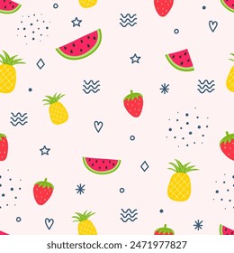 Colourful summer pattern. Background with fruits  - watermelon, pineapple and strawberry. Vector illustration