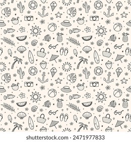 Colourful summer pattern. Background with hand drawn holiday icons. Vector illustration