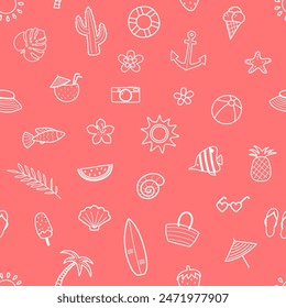 Colourful summer pattern. Background with hand drawn holiday icons. Vector illustration