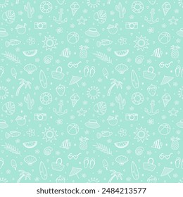 Colourful summer pattern. Background with hand drawn holiday icons. Vector illustration