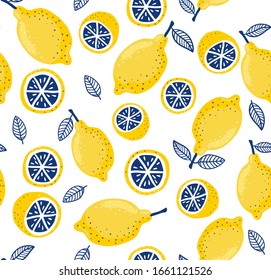 Colourful summer pattern with fresh lemons vector illustration. Whole and half fruits with leaves cartoon design. Exotic citrus food concept. Isolated on white background