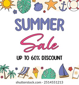 Colourful Summer Sale background with beach symbols. Vector illustration