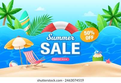 Colourful summer sale beach background with tropical plants. Composition of beach chair and umbrella, surfing board, coconut water, starfish, safety ring. Summer holiday sale promotion concept.