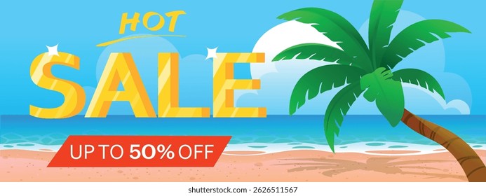 Colourful summer sale beach background with tropical plants. Sandy seashore with coconut palms. Hot sale. Summer vacation. Summer holiday sale promotion concept.