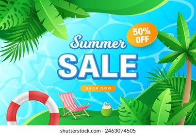 Colourful summer sale tropical plant with pool water background. Composition of beach chair, coconut water, safety ring. Summer holiday sale promotion concept.