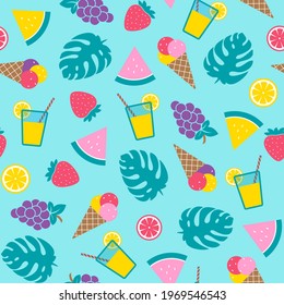 Colourful summer seamless pattern with ice-cream, lemonade, watermelon, strawberry, grapes, citrus slices and monstera leaves on blue background. Trendy flat style, vector illustration