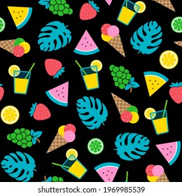 Colourful summer seamless pattern with ice-cream, lemonade, watermelon, strawberry, grapes, citrus slices and monstera leaves on black background. Trendy flat style, vector illustration