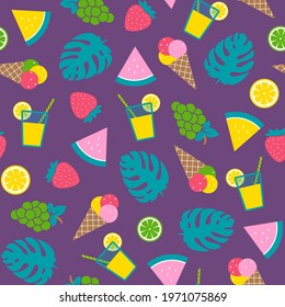Colourful summer seamless pattern with ice-cream, lemonade, watermelon, strawberry, grapes, citrus slices and monstera leaves on violet background. Trendy flat style, vector illustration