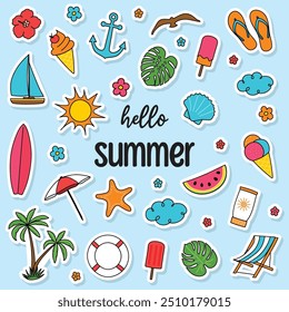 Colourful summer stickers. Icon set. Vector illustration