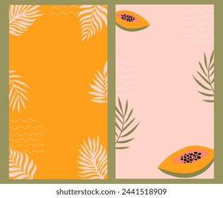 Colourful summer templates with copy space. Handdrawn vertical banners with palm leaves and papaya.
