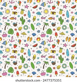 Colourful summer texture with cartoon elements. Creative holiday background. Vector illustration