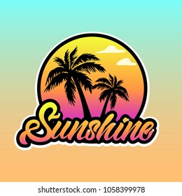 Colourful Sunshine logotype in lettering style with Palm tree and sunset. Vector illustration design.