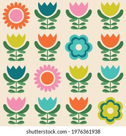 Colourful Swedish folk floral seamless vector pattern. Geometric Nordic, Scandinavian, Scandi, flat graphic style vibrant flowers on neutral beige background. Bold abstract minimalist repeat design.