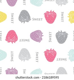 Colourful sweet strawberries vectors on white seamless repeat pattern background. Great for kitchenware prints, packaging projects, wrapping and much more