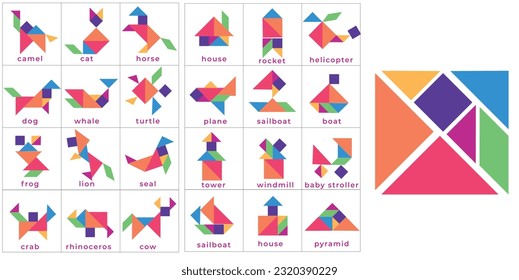 Colourful Tangram puzzle set with shapes and pictures of animals, buildings and transport, kids activity 