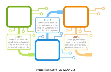 Colourful technology infographic chart design template. Device info. Abstract vector infochart with blank copy spaces. Instructional graphics with 3 step sequence. Visual data presentation