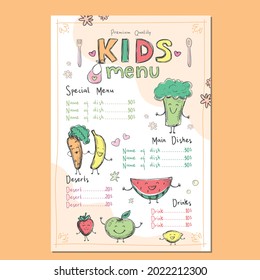 Colourful template for children menu. Drawn fruits and vegetables with funny faces. Name of dishes and prices. Baby food menu mockup. Line art. Doodles of various eating. Flat vector illustration