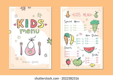 Colourful template for children menu. Drawn fruits and vegetables with funny faces. Name of dishes and prices. Baby food menu mockup. Line art. Doodles of various eating. Flat vector illustration