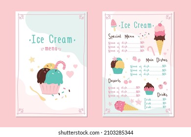 Colourful template for ice cream menu. Restaurant brochure with different types of gelato. Cafe menu with desserts and drinks. Name of dishes with prices. Delicious frozen dessert. Vector illustration